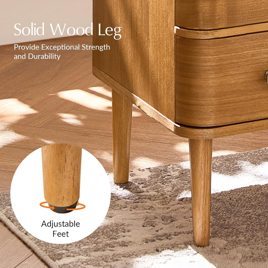 HULALA HOME Modern End Table Set of 2 with Charge Station, 3 Drawer Wood Side Table with Solid Wood Legs & Adjustable Feet, Curved Design End Table, Oak