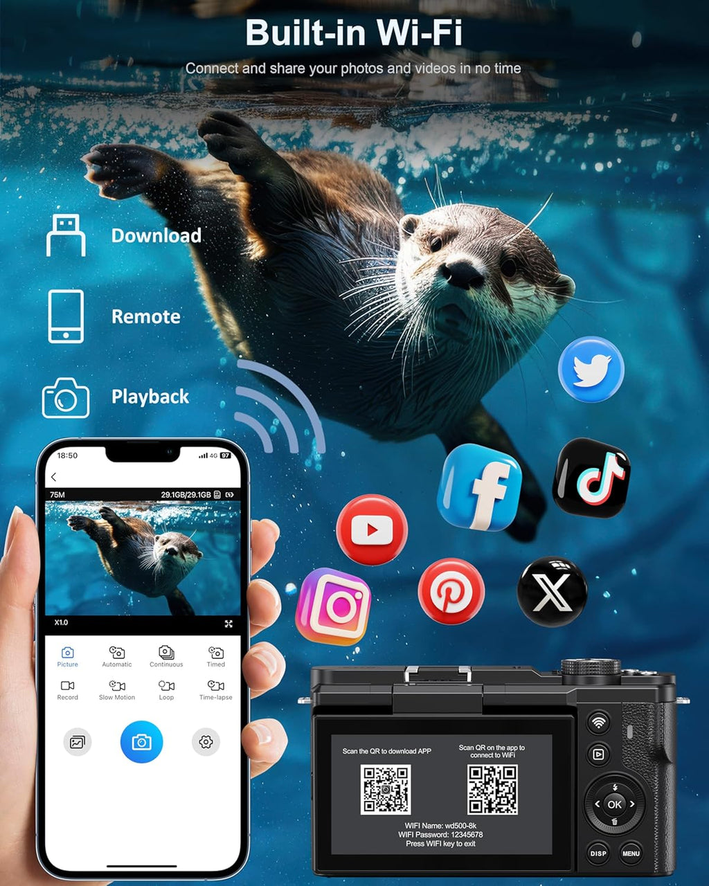 8K Digital Camera, 88MP Cameras for Photography, WiFi Vlogging Camera for YouTube with 3" 180° Flip Screen, 18X Zoom UHD Autofocus Video Camara with Lens Hood, 64GB Card