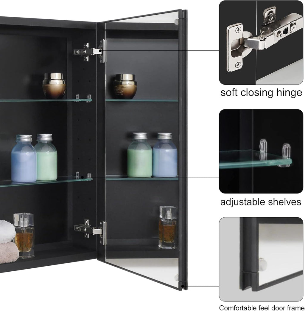 Fundin Black Aluminum Medicine Cabinet 24 x 24 Inch Recessed or Surface Mount, with Double Door and Adjustable Shelves.