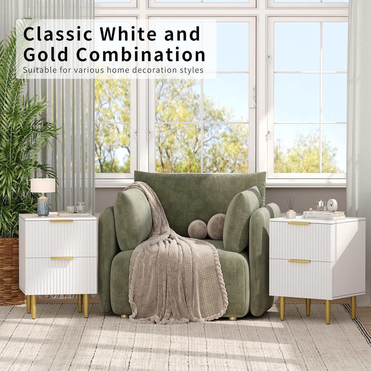 Akxomel White Nightstand Set of 2, Fluted Night Stand with Charging Station, 13.8" D x 15" W x 23.2" H, 2 Drawers Modern Bedside Table with USB Ports and Outlets, Golden Side Table for Bedroom