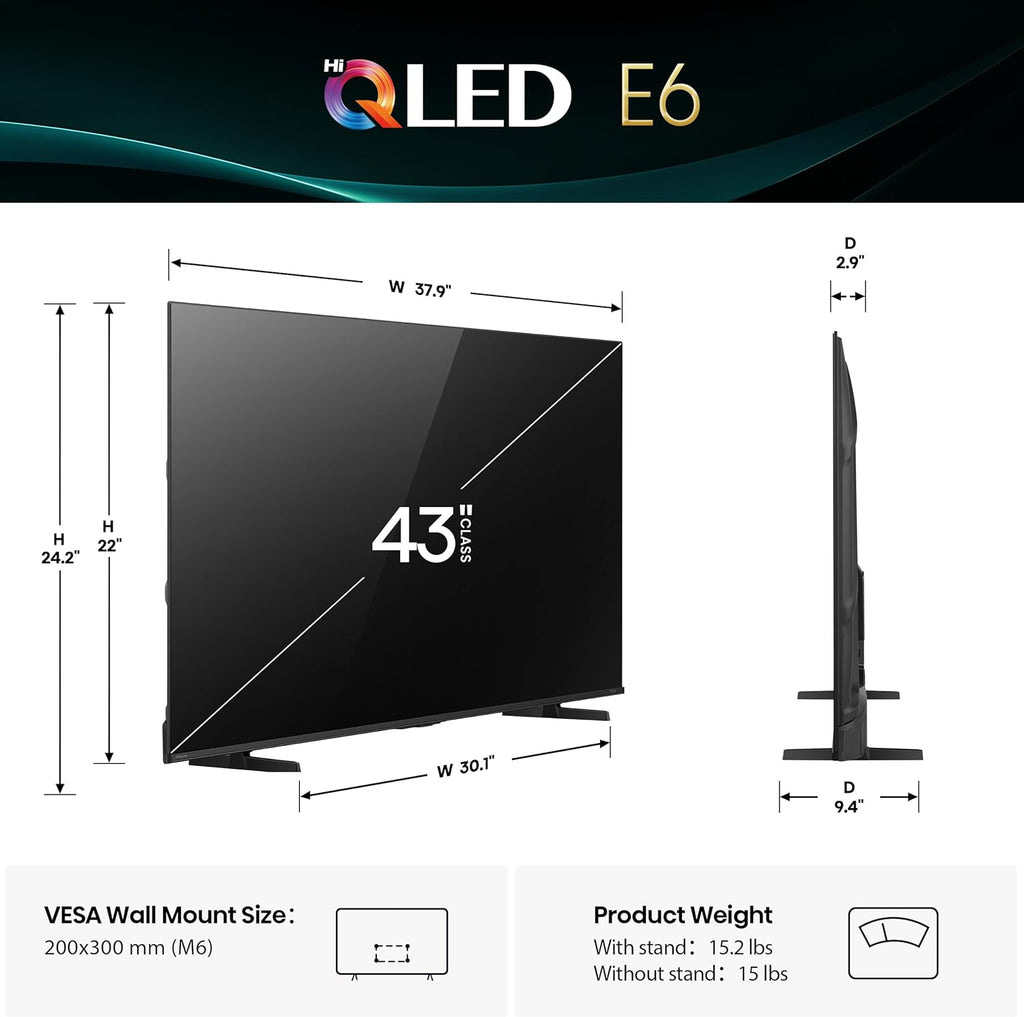 Hisense 43" E6 Cinema Series Hi-QLED 4K UHD Smart Fire TV (43E6QF, 2025 Model) - AI Light Sensor, Dolby Vision · Atmos, Voice Remote with Alexa, Motion Rate 120, HDR 10+ Adaptive, Game Mode Plus