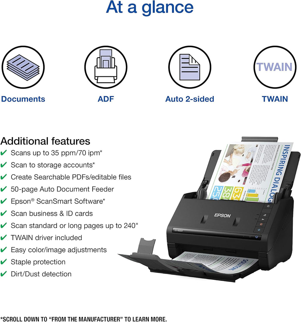 Epson Workforce ES-400 II Color Duplex Desktop Document Scanner for PC and Mac, with Auto Document Feeder (ADF) (Renewed)