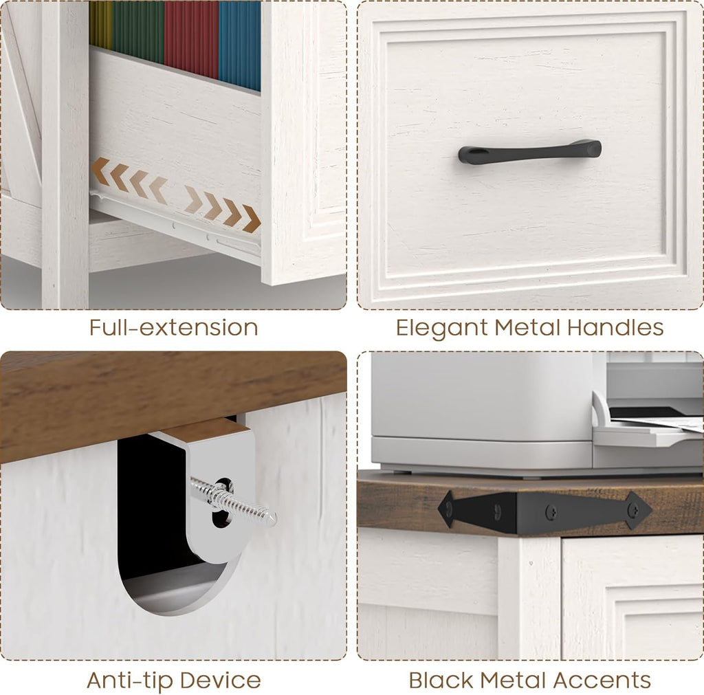 Vabches 2 Drawer Vertical File Cabinet, Wood Farmhouse Filing Cabinet Fits A4/Letter Size, Under Desk Small File Cabinets Printer Stand with Storage for Home Office, White and Brown