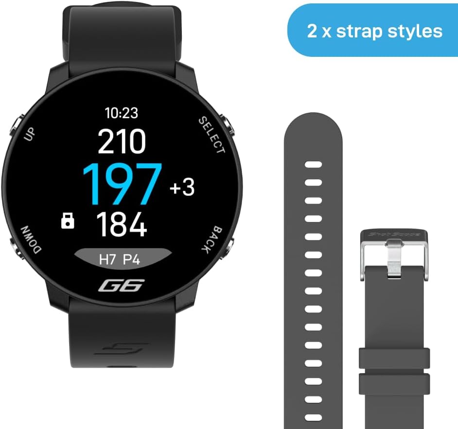 Shot Scope G6 GPS Watch, 38k+ Pre-Loaded Courses, Full Hole Maps, 2X Strap Sets (Black and Gray), Color Sceen, Unisex Golf Watch for Men and Women