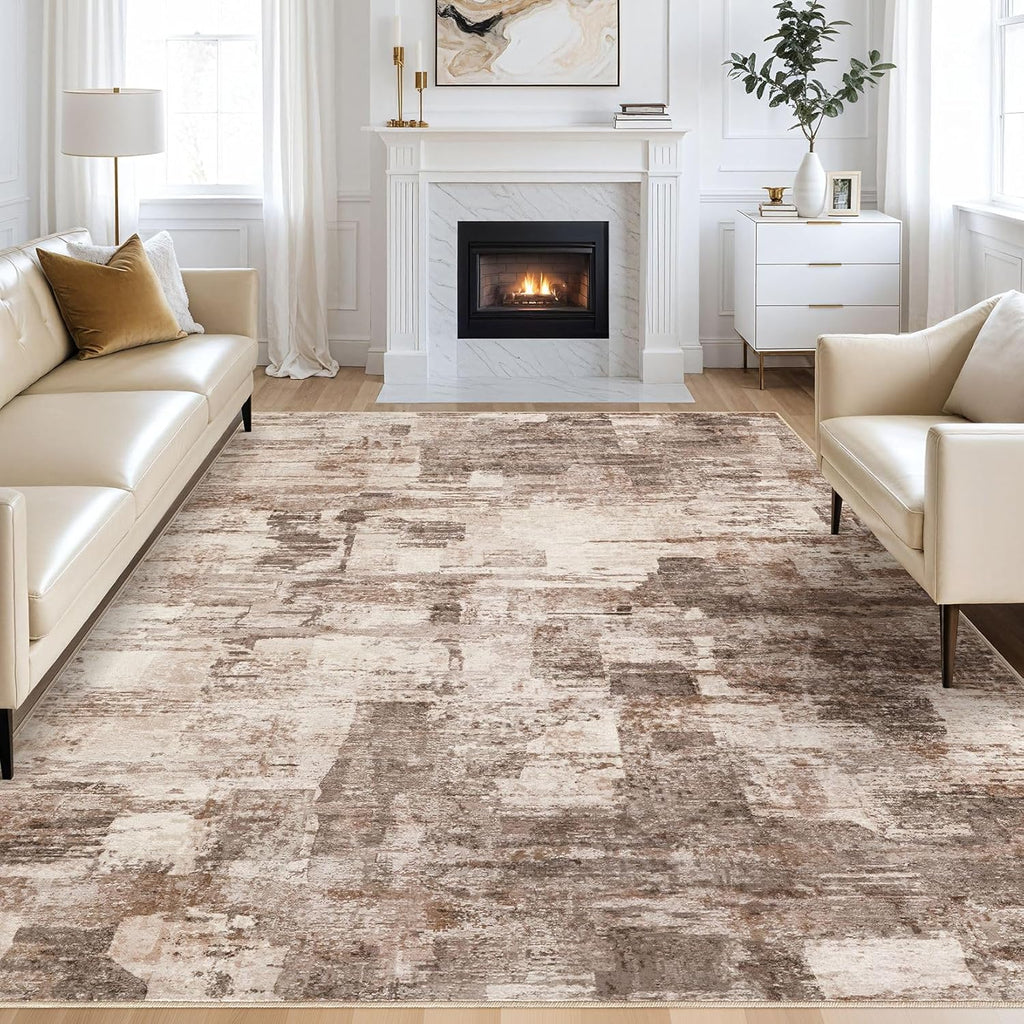 kakania 9x12 Washable Area Rug - Abstract Soft Non-Slip Modern Low-Pile Carpet for Living Room Bedroom Office Dorm, Kid Pet Safe Robot Vacuum Friendly - Brown