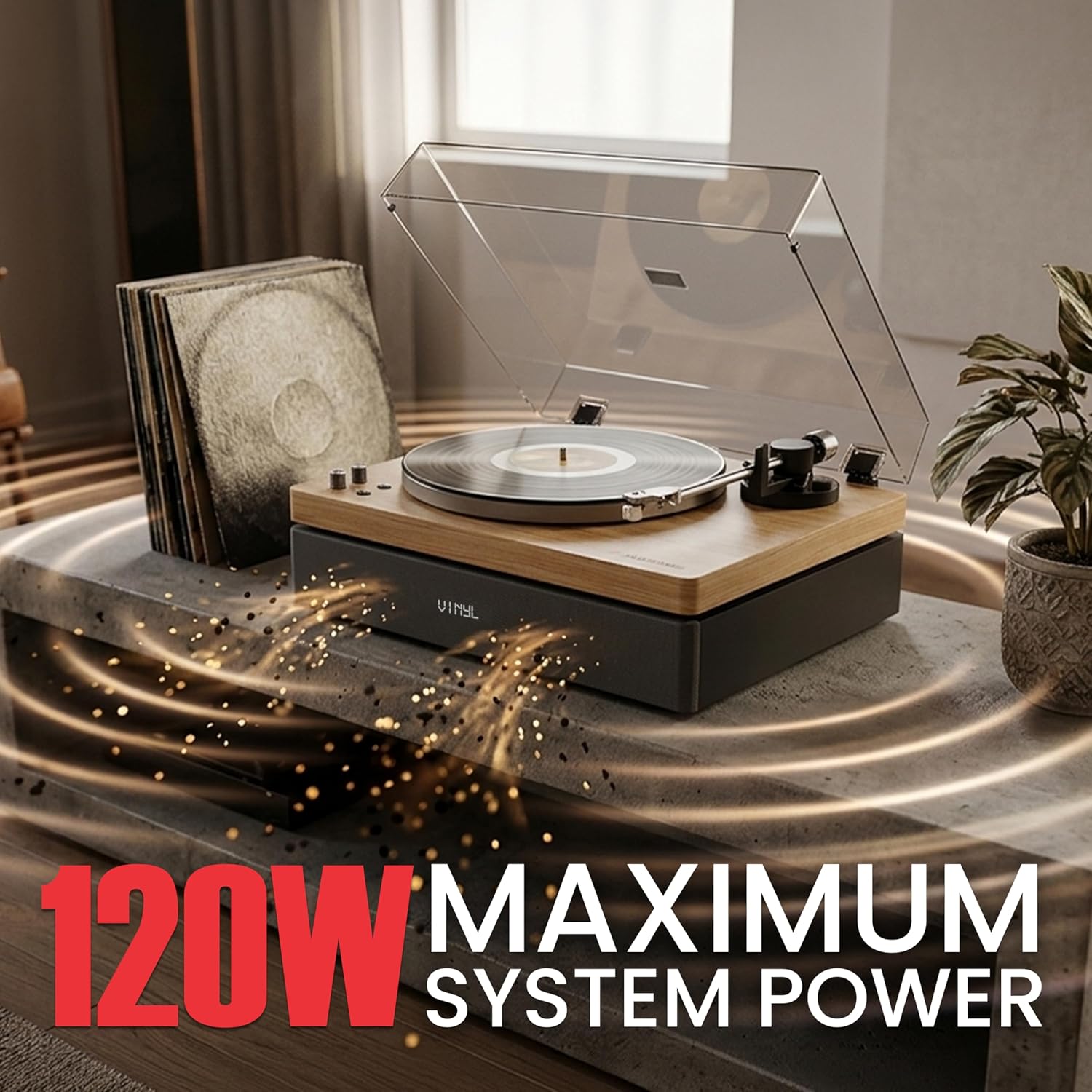 AudioSource Vinyl Record Player, All-in-one Turntable with 2.1 Channel Built-in Speaker, Bluetooth 5.4, 120W, Built-in Subwoofer, High Fidelity 2-Speed Belt Drive, Patented Isolation System, AT-3600L