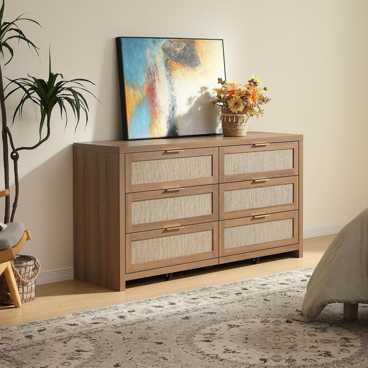 SICOTAS Rattan Dresser for Bedroom, 57" Wide 6 Drawer Dresser with Ample Storage, Dressers Large Chest of Drawers, Closet, Boho TV Stand for Bedroom (Reclaimed Caramel Oak, 1 Piece)