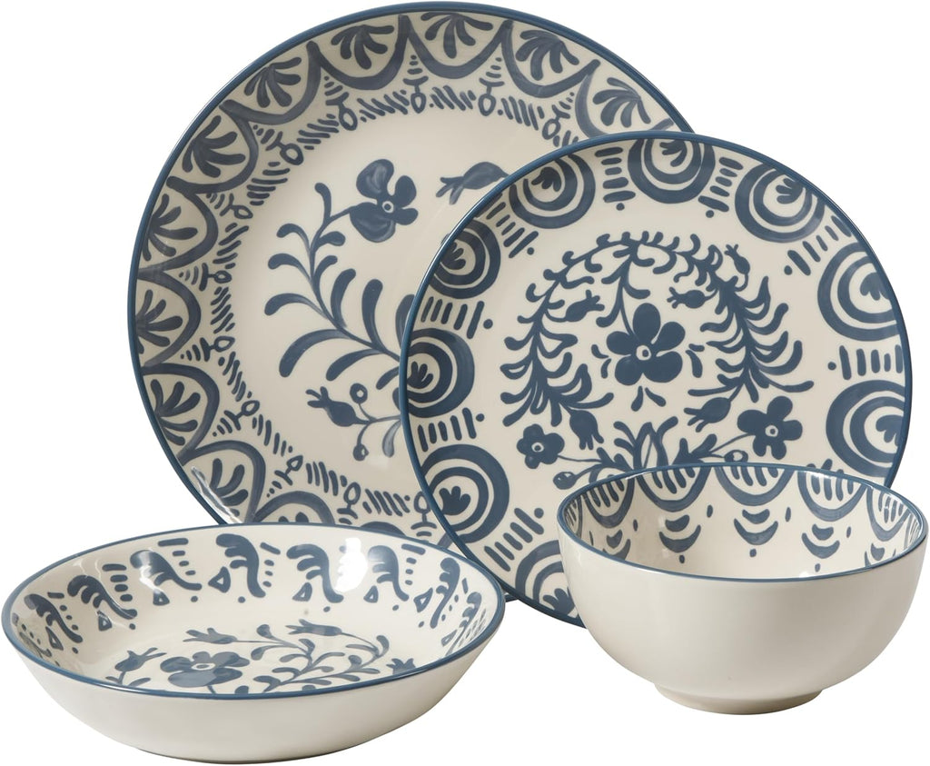 Bloomhouse - 2-Time Oprah's Favorite Things - Valencia Flor 16 Piece Dinnerware Set, Artisanal Decorated Stoneware Plates & Bowls, Service for 4, Microwave & Dishwasher Safe, Iris Blue