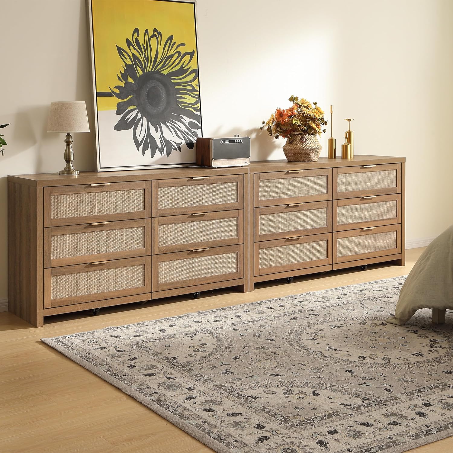 SICOTAS Rattan Dresser for Bedroom, 57" Wide 6 Drawer Dresser with Ample Storage, Dressers Large Chest of Drawers, Closet, Boho TV Stand for Bedroom (Reclaimed Caramel Oak, 1 Piece)