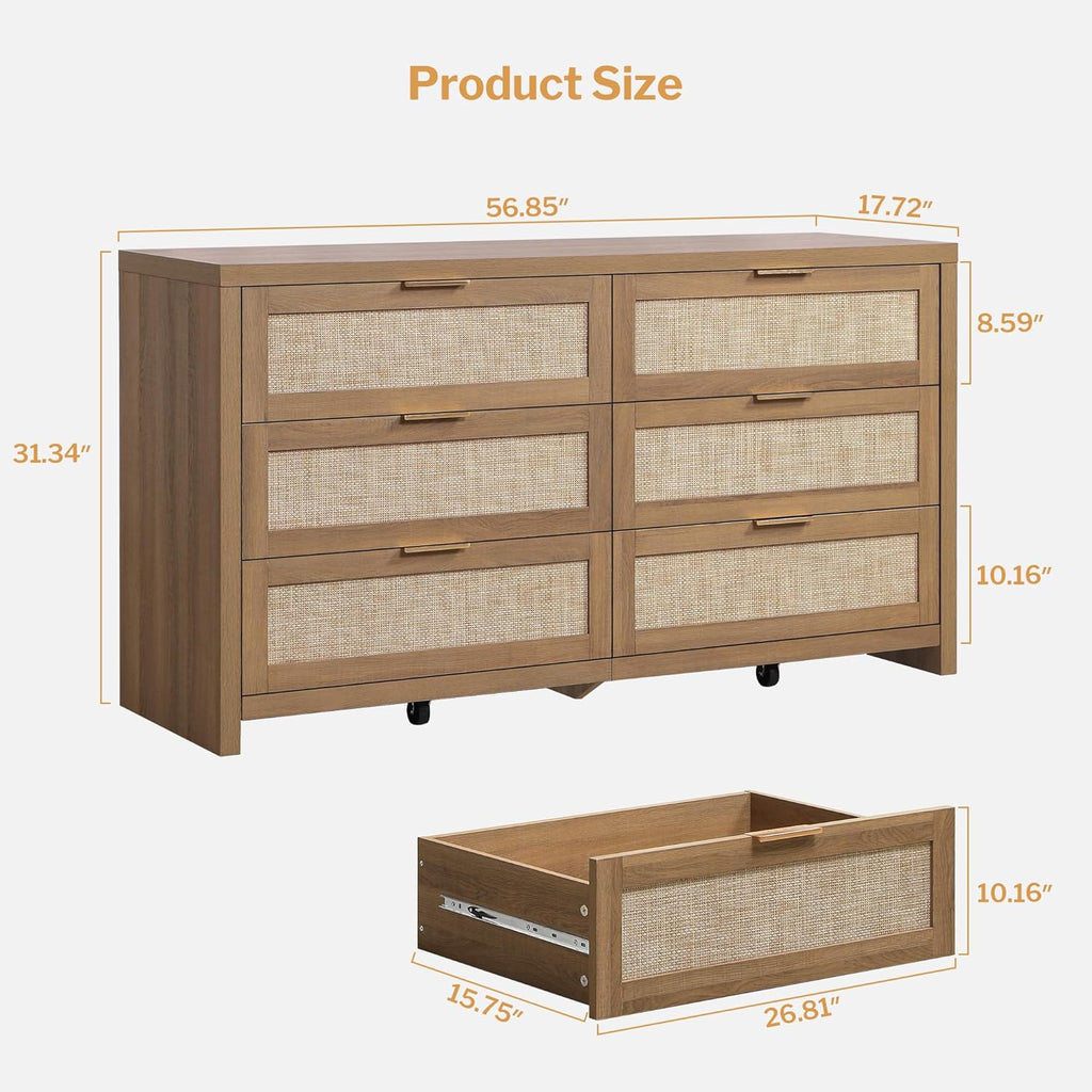 SICOTAS Rattan Dresser for Bedroom, 57" Wide 6 Drawer Dresser with Ample Storage, Dressers Large Chest of Drawers, Closet, Boho TV Stand for Bedroom (Reclaimed Caramel Oak, 1 Piece)