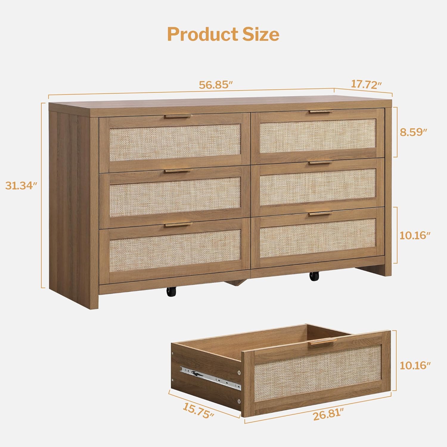 SICOTAS Rattan Dresser for Bedroom, 57" Wide 6 Drawer Dresser with Ample Storage, Dressers Large Chest of Drawers, Closet, Boho TV Stand for Bedroom (Reclaimed Caramel Oak, 1 Piece)