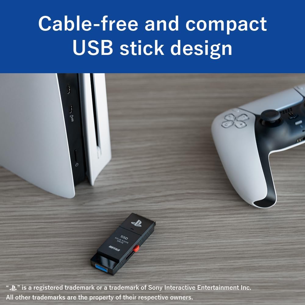 BUFFALO External SSD 1.0TB - Officially Licensed Product, Compatible with PS5 Consoles / PS4 Consoles - USB3.2 Gen2 Type A Compact Stick SSD-SAO1.0U3B