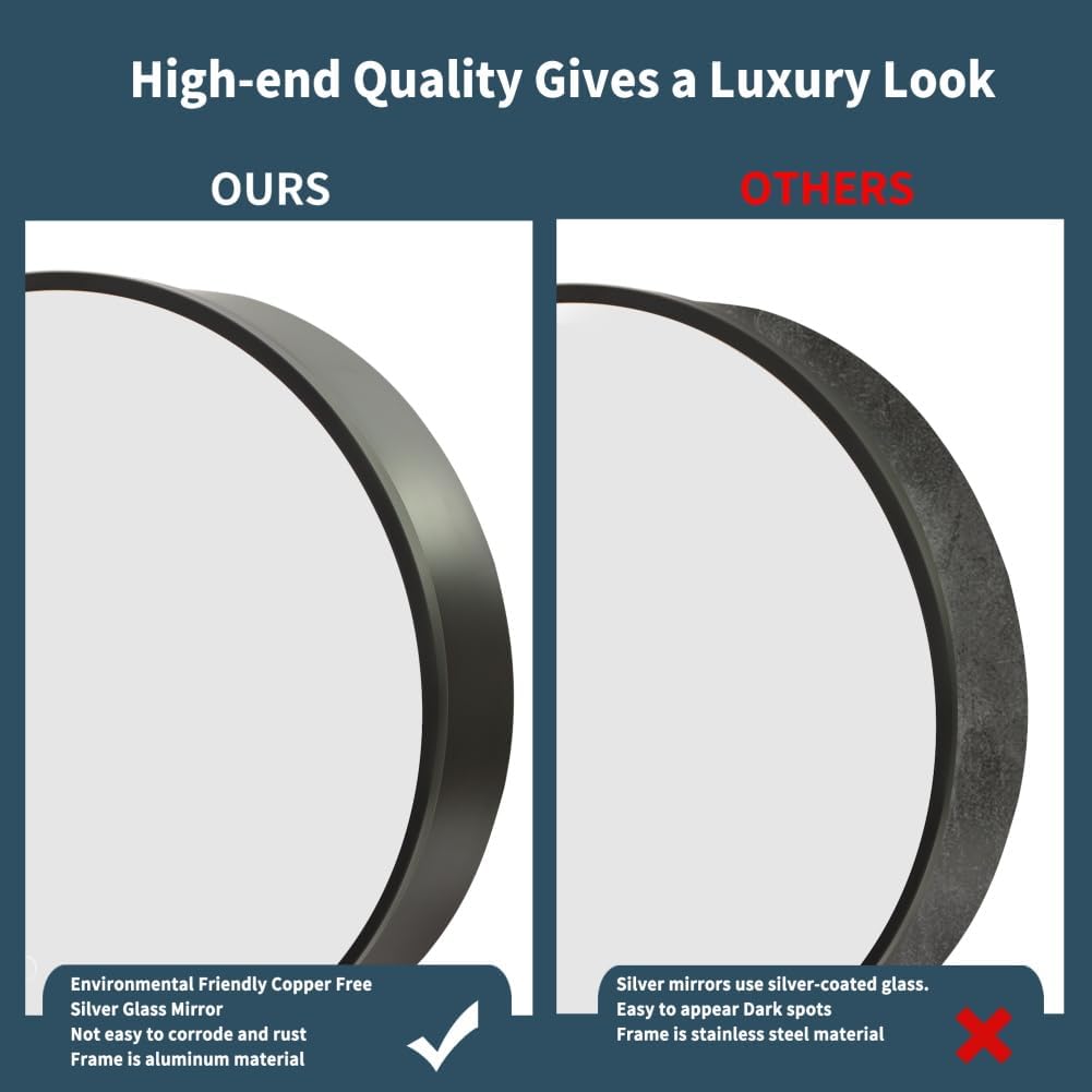 Movo Round 30 Inch x 30 Inch Black Metal Framed Bathroom Mirror Medicine Cabinet, Circular Storage Cabinet Surface Mounted