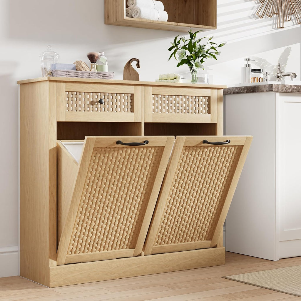 Double Tilt Out Laundry Hamper Cabinet, Rattan-Style Laundry Room Organization with Removable Laundry Basket, Hidden Wood Dirty Clothes Hamper with Drawers, 39" L x 13" W x 35.8" H, Wood