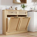 Double Tilt Out Laundry Hamper Cabinet, Rattan-Style Laundry Room Organization with Removable Laundry Basket, Hidden Wood Dirty Clothes Hamper with Drawers, 39" L x 13" W x 35.8" H, Wood