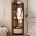 Corner Clothes Rack with Laundry Basket, Freestanding Coat Rack with Hooks, Wooden Corner Hall Tree with Storage Shelf for Bedroom, Entryway, Small Spaces(Brown)