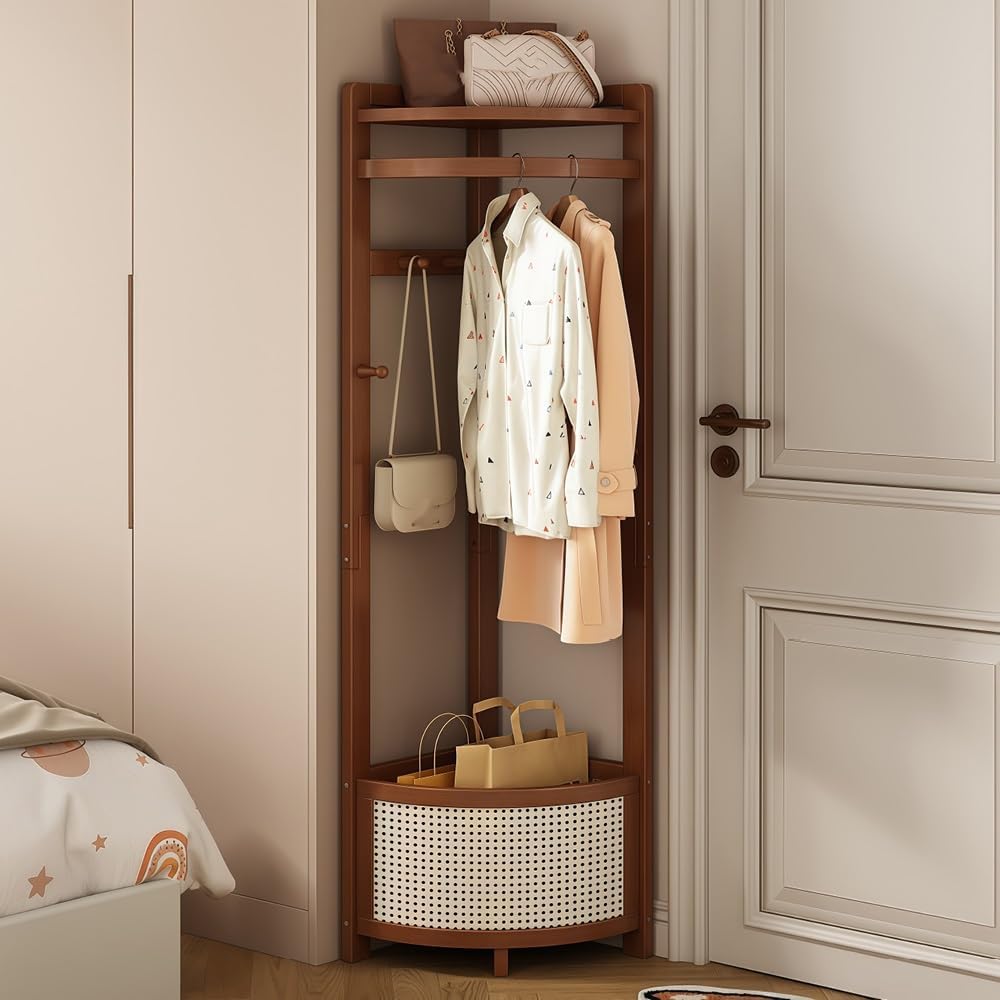 Corner Clothes Rack with Laundry Basket, Freestanding Coat Rack with Hooks, Wooden Corner Hall Tree with Storage Shelf for Bedroom, Entryway, Small Spaces(Brown)