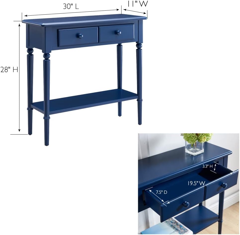 Leick Home Coastal Console Table, Solid Wood, 2 Storage Drawers, Bottom Display Shelf, Narrow Depth, Easy-Assembly, for Living Room/Hallway, Navy Blue, 30.0 in. W x 11.0 in. D x 28.0 in. H, 20027-NV