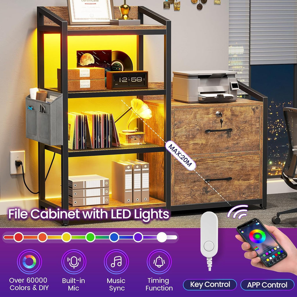 SEDETA 35.4” File Cabinet, Filing Cabinet fits Letter/A4 Size, 2 Drawe File Cabinets for Home Office with Power Strip, LED Lights, Lock, Open Shelf, Rustic Brown
