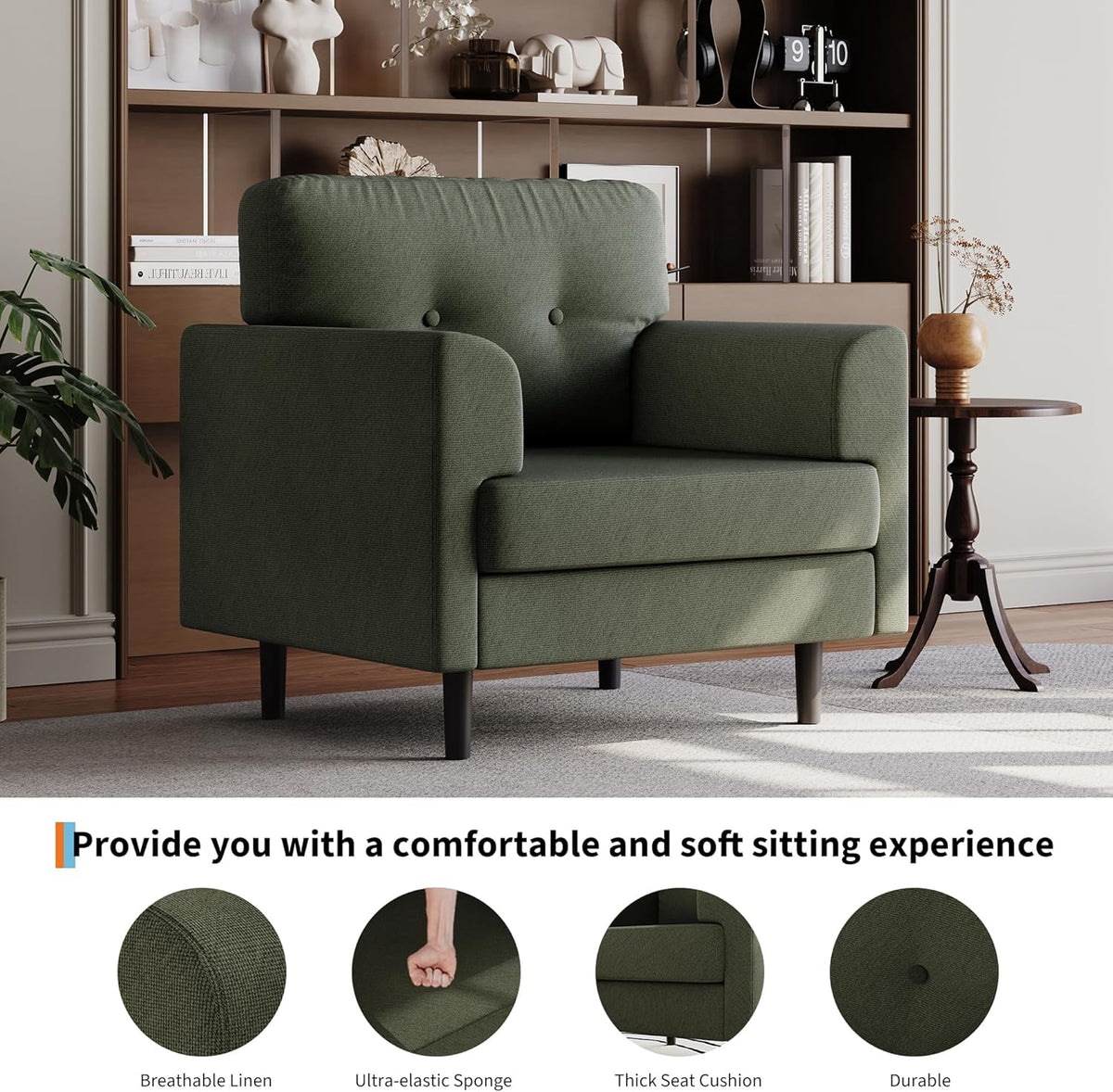 Garvee 38" Wide Sage Green Accent Chair, Modern Linen Upholstered Armchair with High-Density Foam, Comfy Reading & Lounge Chair for Living Room, Bedroom, Home Office & Reading Nook (Earthy Green Tone)