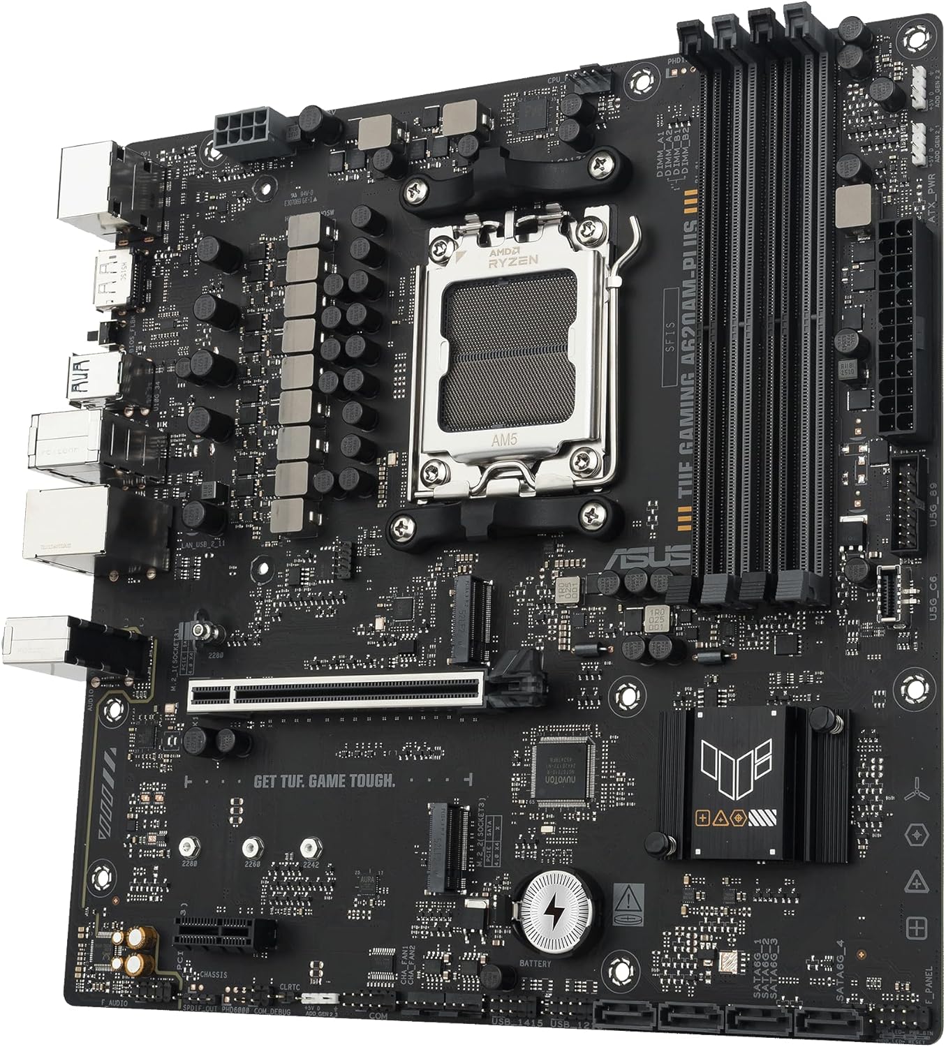 TUF Gaming A620AM-PLUS WiFi AMD A620A mATX Motherboard, 8+2+1 Power Stages, DDR5, PCIe 4.0, Dual M.2 Slots, WiFi 6, 2.5Gb Ethernet, Dual DisplayPort, HDMI, Rear USB-A 10Gbps, Front USB-C 10Gbps