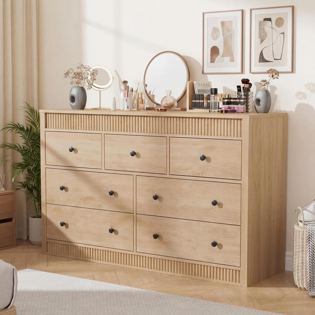 GarveeHome 7 Drawer Dresser for Bedroom, 54" Wide Fluted Wooden Chest of Drawers, Modern Long Storage Dresser Organizer for Living Room, Hallway, Entryway, Natural Oak