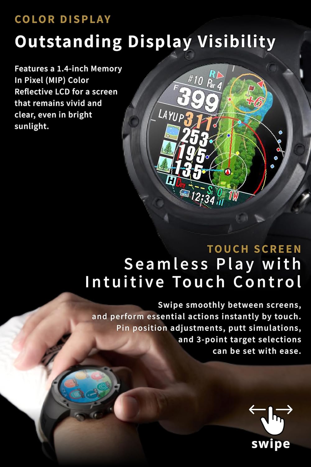 Golf GPS Watch, Shot Navi Evolve PRO Touch - 1.4in Touch Panel, Dynamic Green Heatmap, Auto Measure, 8hr GPS, IPX7 Waterproof, 60,000 Courses, Made in Japan (Black)