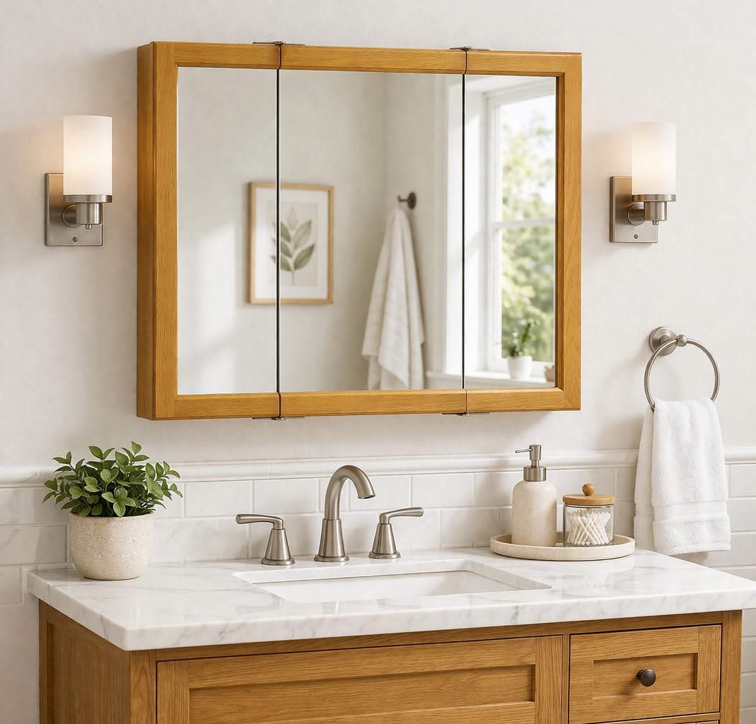 Design House Claremont Bathroom Medicine Cabinet with Mirror, 36 Inch Wall Mounted Cabinet, 3 Mirrored Doors, Honey Oak Wood Frame, Pre-Assembled, 36" W x 4.75" D x 30" H, 545285-HOK