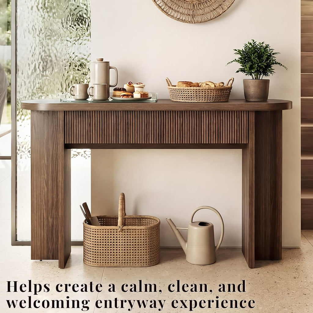 55 Inch Fluted Console Table with Drawers, Entryway Table with Storage, Modern Rounded Hallway Tables for Narrow Spaces（Brown）