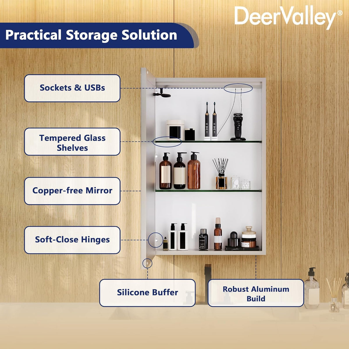 DeerValley 24" W x 36" H Led Lighted Medicine Cabinet with Mirror, Bathroom Medicine Cabinet with Defogger & 3-Color, Wall Mounted Mirrored Medicine Cabinets with Lights