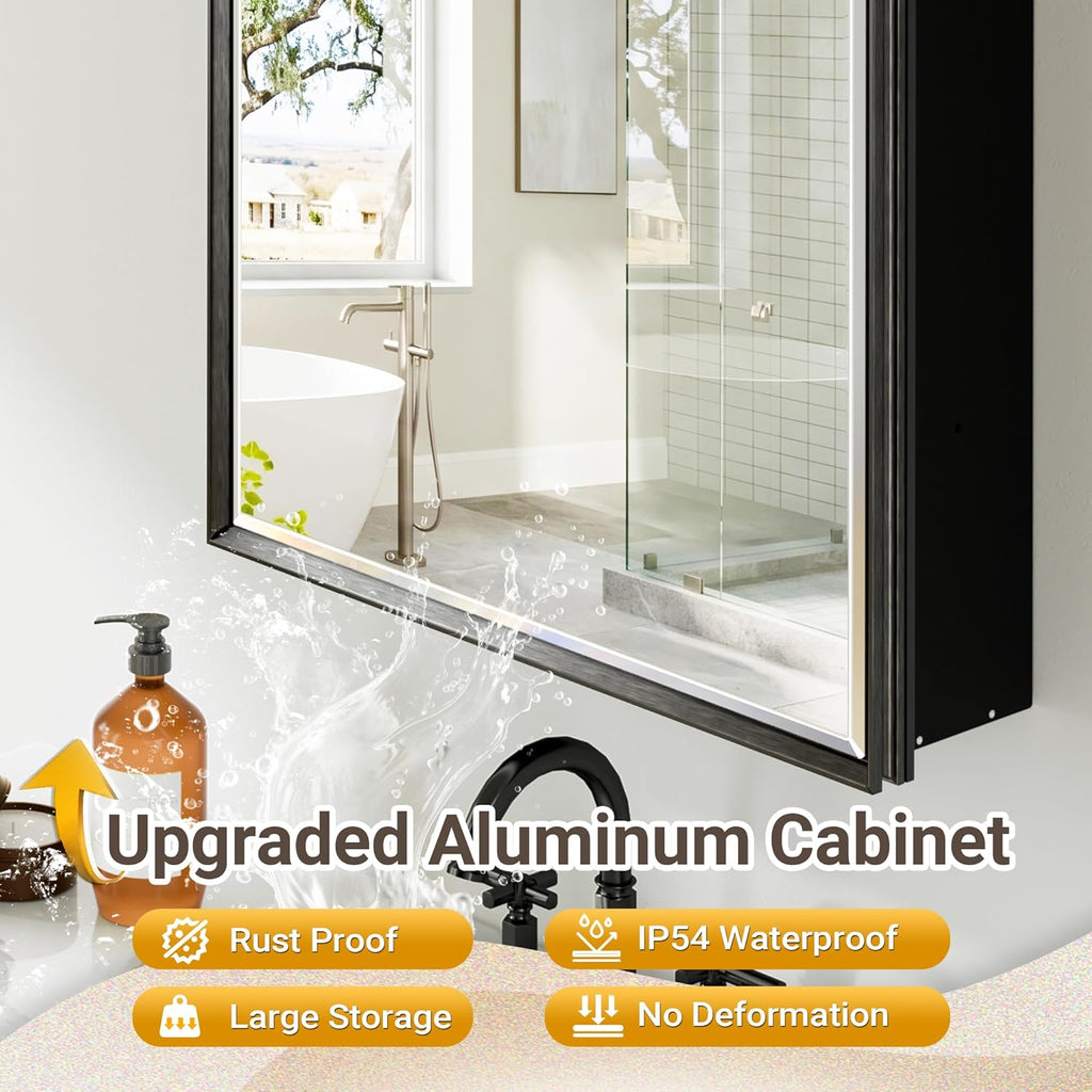 30x26 Pre-Assembled Black Medicine Cabinet with Mirror, Surface or Recessed Medicine Cabinet Mirror for Bathroom, Aluminum Beveled Frame Bathroom Vanity Mirror with Adjustable Shelves Storage