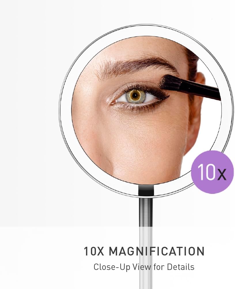 simplehuman Sensor Mirror Fold, 5'' with 10X Magnification, Round Rechargeable Travel Makeup Mirror, Tru-Lux® Full-Spectrum Light, Adjustable Brightness & Height, Brushed Stainless Steel