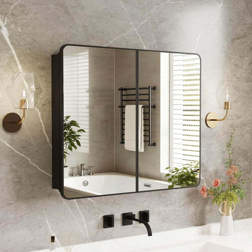 Medicine Cabinet Mirror 30x36 Inch, Double-Sided Bathroom Mirror Cabinet with Adjustable Glass Shelves, 2-Compartment Bathroom Mirror with Storage Recessed or Wall Mount