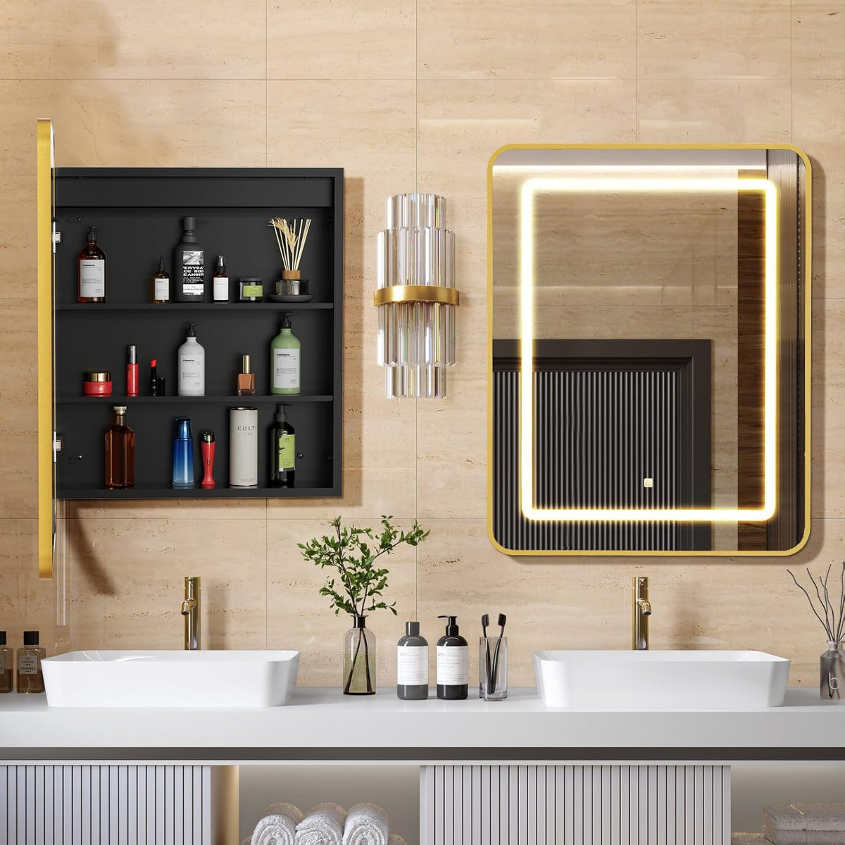 APRILSOUL 24X30 Inch Gold Bathroom Medicine Cabinet with Mirror, Recessed or Surface Lighted Medicine Cabinet with 3 Colors Temperature, Dimmable Light