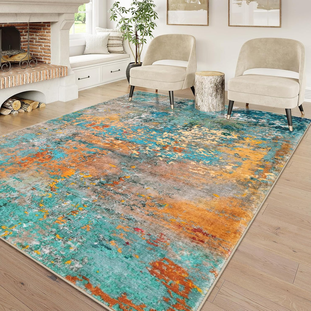 Lahome Modern Abstract Area Rugs 9x12 Living Room Rug, Washable Rugs for Living Room Bedroom Low Pile Non Slip, Colorful Large Soft Indoor Carpet for Dining Room Table Apartment Classroom