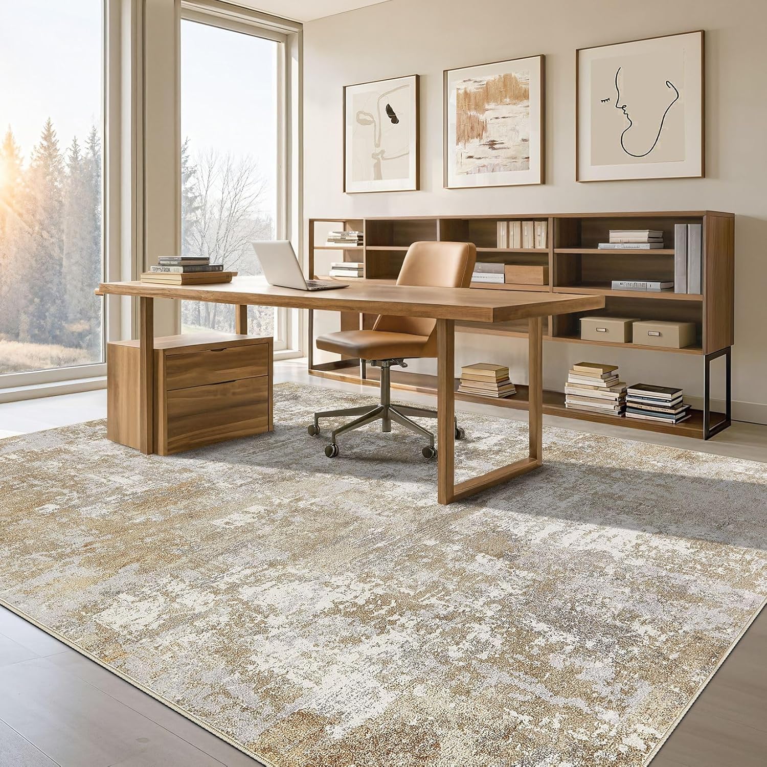 Tortania Washable 9x12 Area Rug for Living Room: Modern Abstract Neutral Large Soft Thin Rugs - Non Slip Indoor Carpet for Bedroom Dining Room Office Nursery Home Floor Decoration - Brown Grey