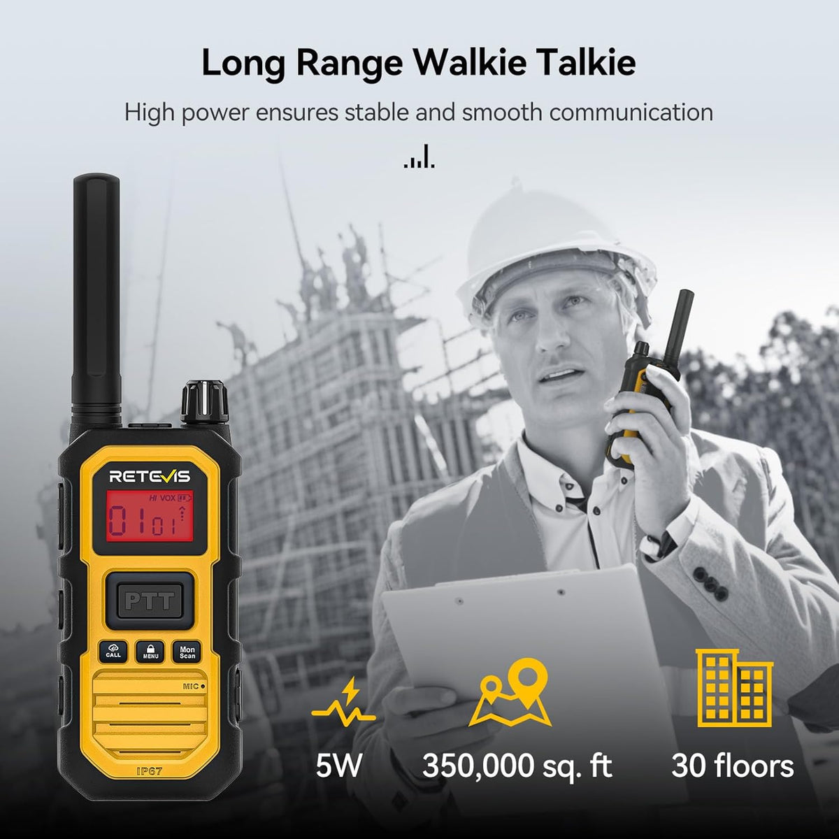 Retevis RB48 Plus Radios Walkie Talkies, IP67 Waterproof Two Way Radio Long Range, Heavy Duty 2 Way Radio, GMRS, Group Call, Vibration Alert, Emergency, for Construction Job Site(6 Pack)