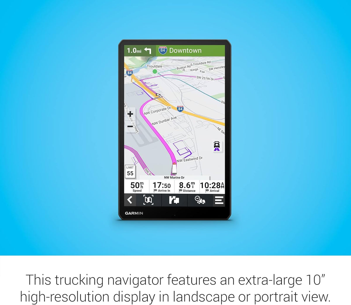 Garmin dzl OTR1010, Extra-Large, Easy-to-Read 10' GPS Navigator, Custom Truck Routing, High-Resolution Birdseye Satellite Imagery, Directory of Truck & Trailer Services (Renewed), Black