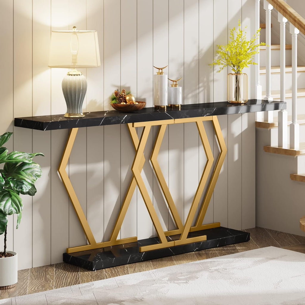Tribesigns 70.9 Inch Extra Long Sofa Table .Black and Gold Console Table with Faux Marble Tabletop, Modern Long Entryway Table with Gold Frame