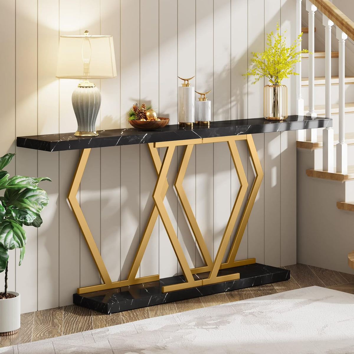 Tribesigns 70.9 Inch Extra Long Sofa Table .Black and Gold Console Table with Faux Marble Tabletop, Modern Long Entryway Table with Gold Frame