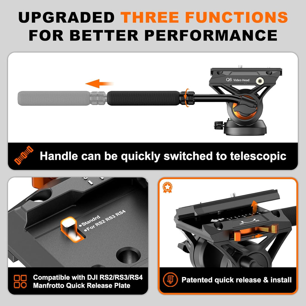 Professional Camera Monopod with Feet, 73.2 inch Aluminum Portable Travel Video Monopod with Removable Tripod Stand Base, Max Load 22 Lbs, New Q6 Fluid Head for DJI RS4 Manfrotto, KX3232Q6