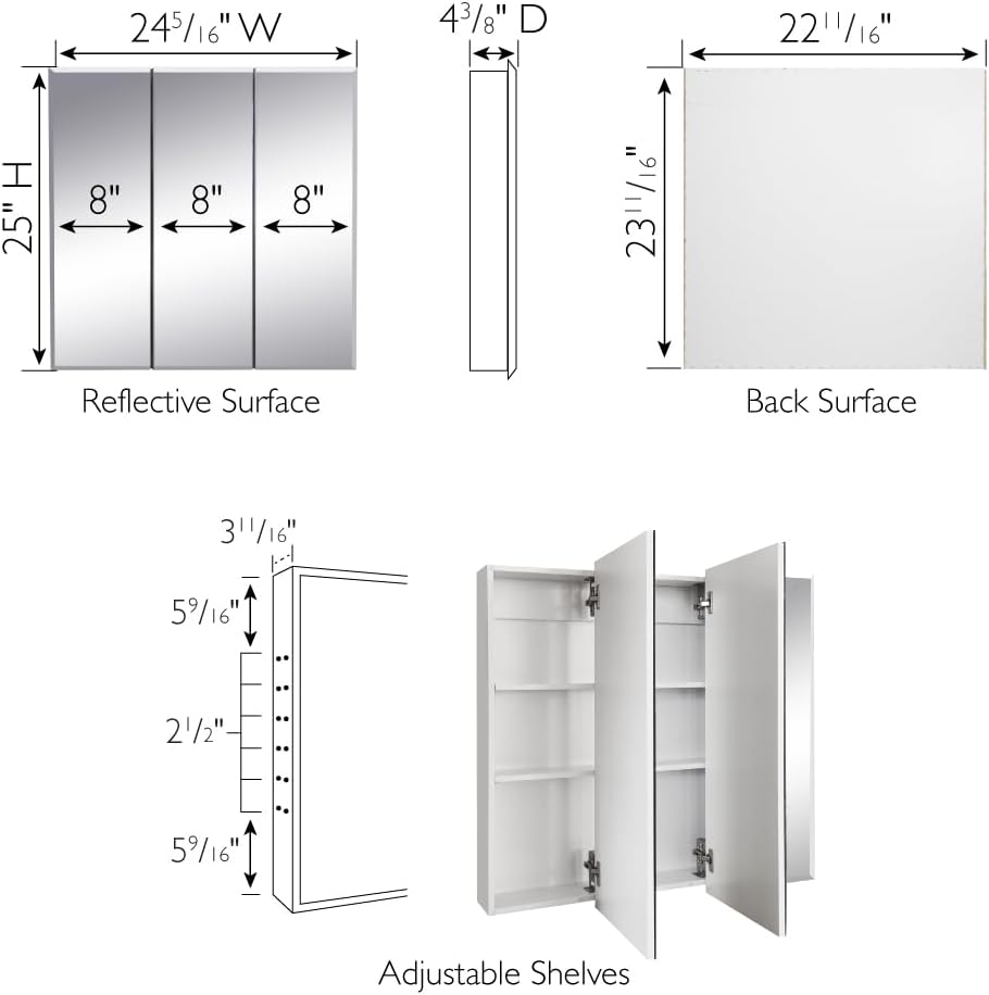 Design House Cyprus Bathroom Medicine Cabinet with Mirror, 25 Inch Recessed or Surface Mount Cabinet, 3 Frameless Mirrored Doors, 2 Shelves, White, Pre-Assembled, 597484