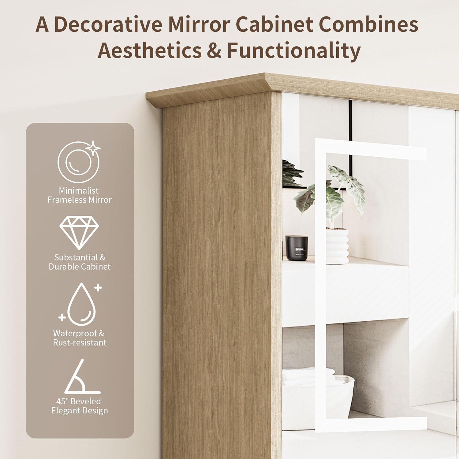 Bathroom Medicine Cabinet with Mirror, Lighted Storage Cabinet Wall Mounted with Doors & Adjustable Wood Shelf, Modern Bathroom Mirror with LED Lights Defogger for Makeup Laundry/Living Room, Oak