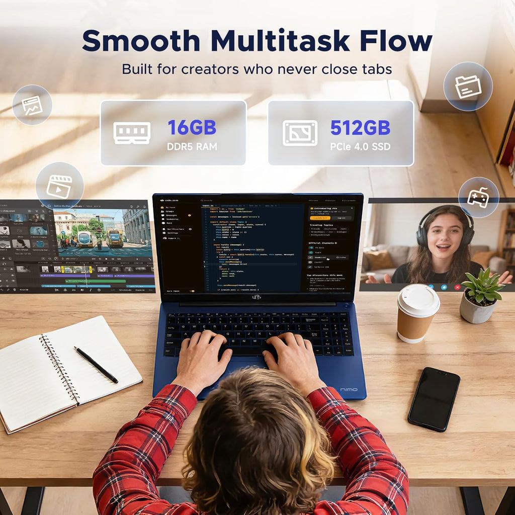 NIMO 15.6" FHD-Business-Laptop, 8 Cores AMD Ryzen 7 8745HS 16GB RAM 512GB SSD (Up to 4.9GHz, Beat R9 7940HS), Radeon-780M, 100W Fast PD for Creators & Professionals Work/Gaming, 2-Year Warranty