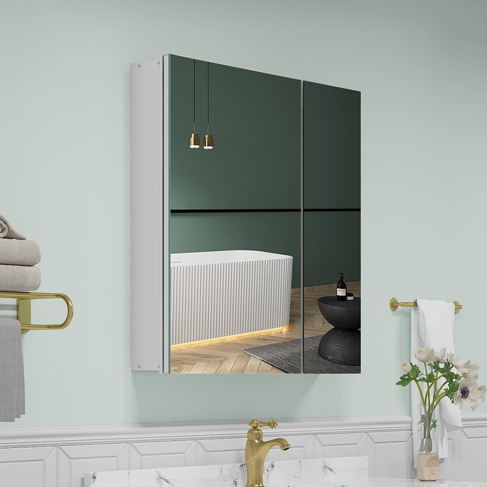 Quavikey Medicine Cabinet for Bathroom with Mirror 2 Doors Aluminum Surface Mount or Recessed Mirror Medicine Cabinet 30x30 Inch, Silver