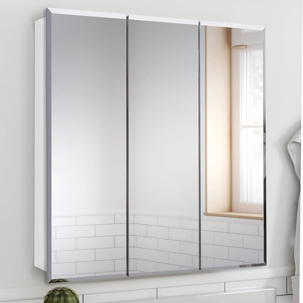 Design House 30 Inch Cyprus Bathroom Medicine Cabinet, Durable Pre-Assembled Wall Mounted or Recessed with Frameless Mirrored Doors, Reinforced Packaging, White Cabinet, 590349