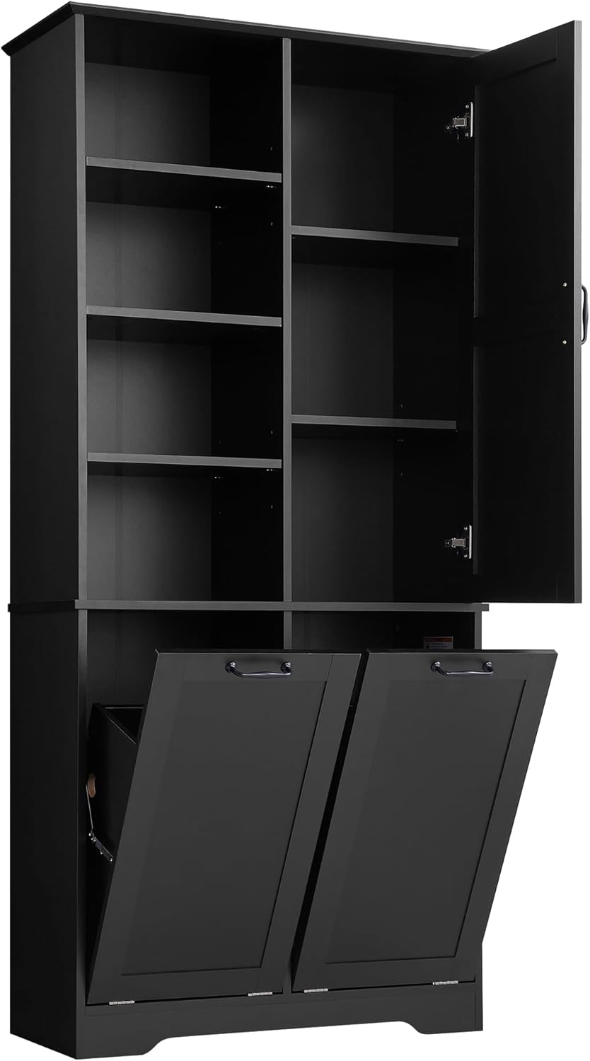 SOFTSEA 68" Double Tilt Out Laundry Hamper, Tall Hidden Laundry Basket Cabinet with Adjustable Shelf, Freestanding Bathroom Storage Cabinet with Doors and Open Shelves, Black