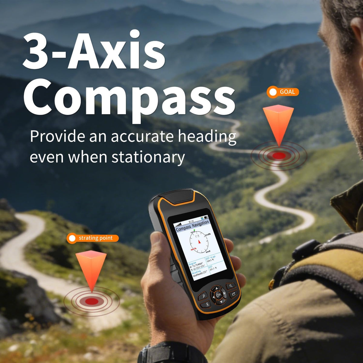 Handheld GPS for Hiking, Rugged and Waterproof Handheld GPS Navigator, 3.2" Sunlight Readable Screen, Compact Satellite Handheld GPS with USA Topo Map, Multi-GNSS Support, Extra Battery Life