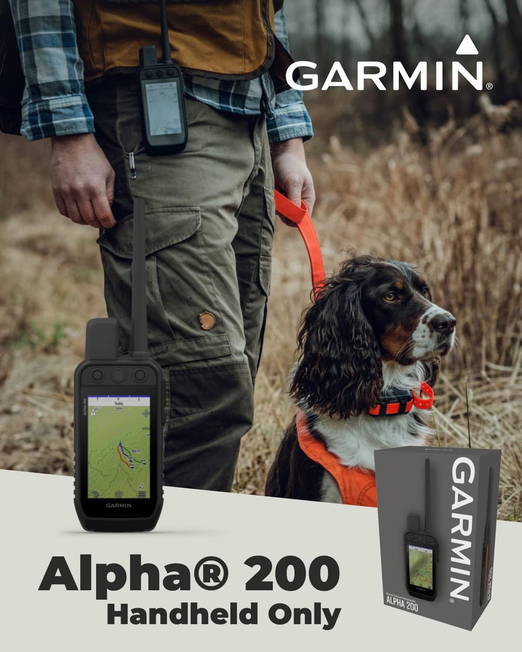 Garmin Alpha 200 Handheld, Tracking and Training for Your Dogs, Sun-Light Readable Touchscreen and 6 Button Design, High-Sensitivity GPS with Whistle and Leash Bundle