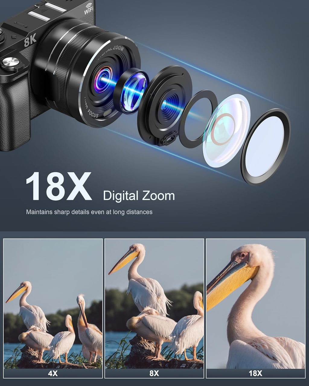 8K Digital Camera, 88MP Cameras for Photography, WiFi Vlogging Camera for YouTube with 3" 180° Flip Screen, 18X Zoom UHD Autofocus Video Camara with Lens Hood, 64GB Card